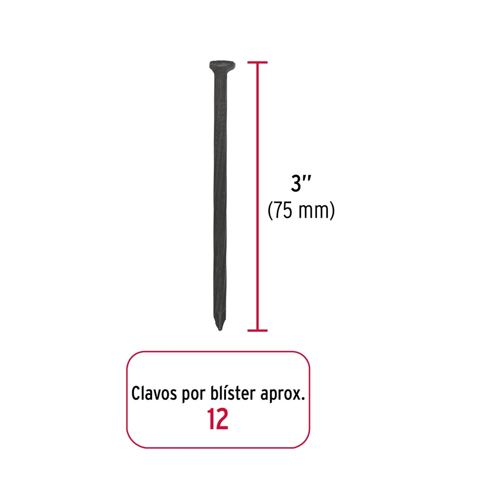 Blíster con 12 clavos negros para concreto 3', Fiero