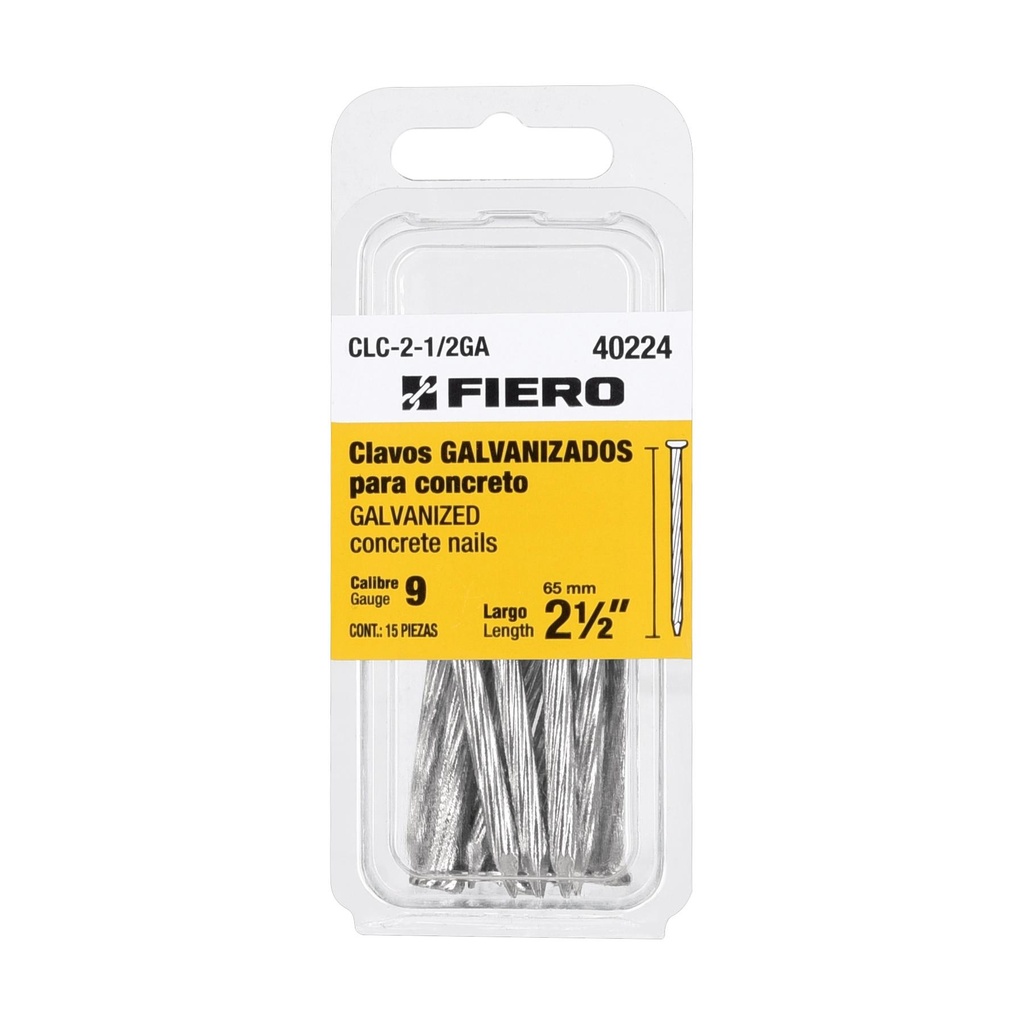 Blíster con 15 clavos galvanizados p/concreto 2-1/2', Fiero