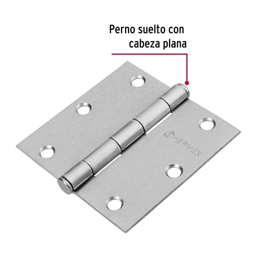 Bisagra cuadrada 3-1/2' acero cromo mate, plana, Hermex