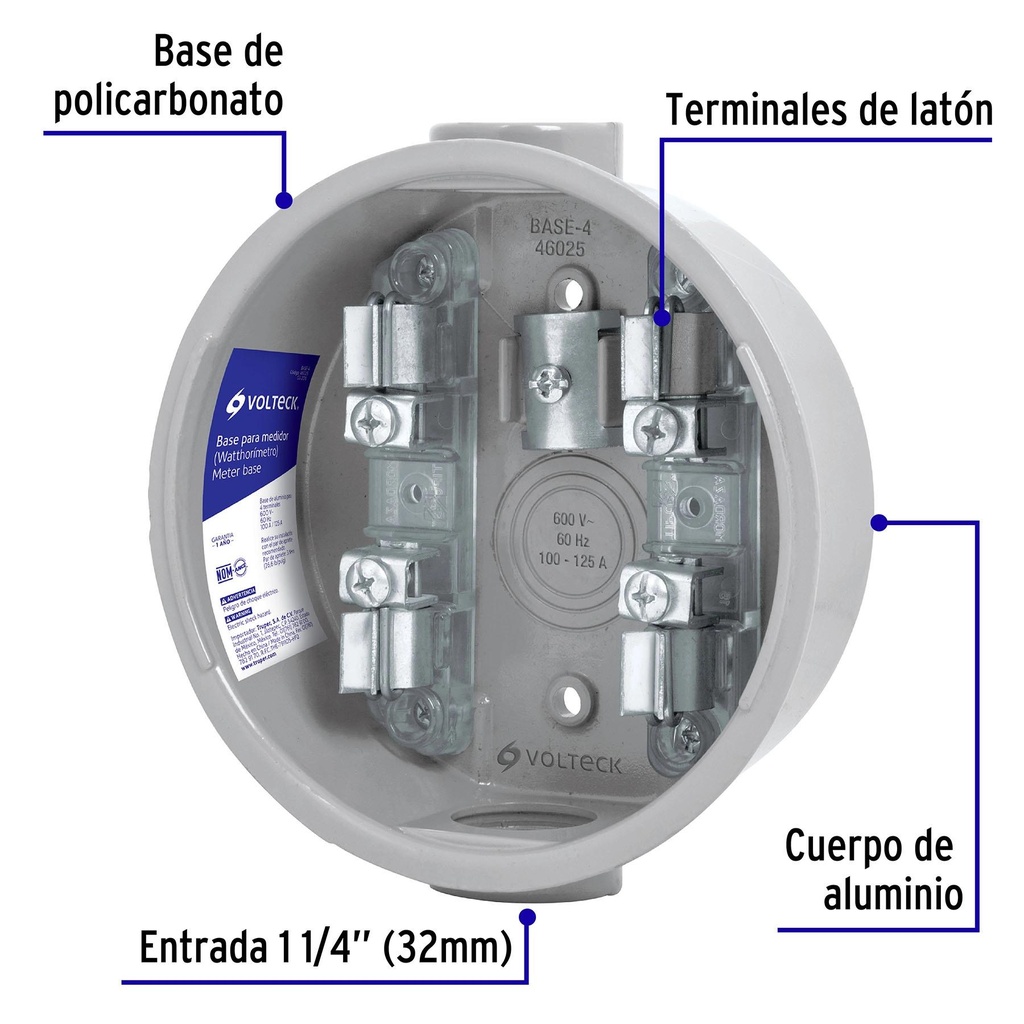 Base para watthorímetro, 4 terminales, Volteck