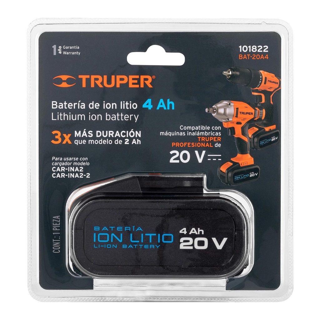 Batería ión Litio 20 V, 4 Ah, Truper