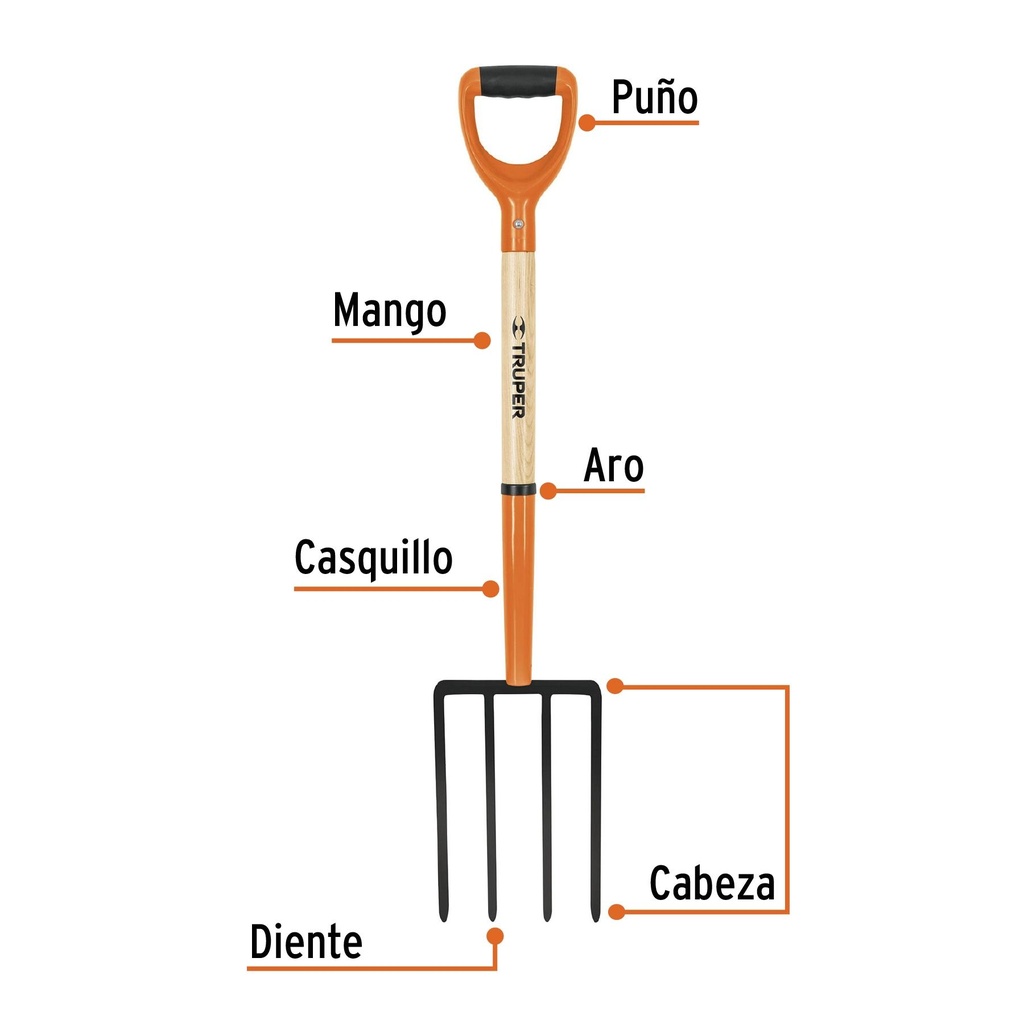 Bieldo T-2000 para jardín, 4 dientes cuadrados, mgo 28'