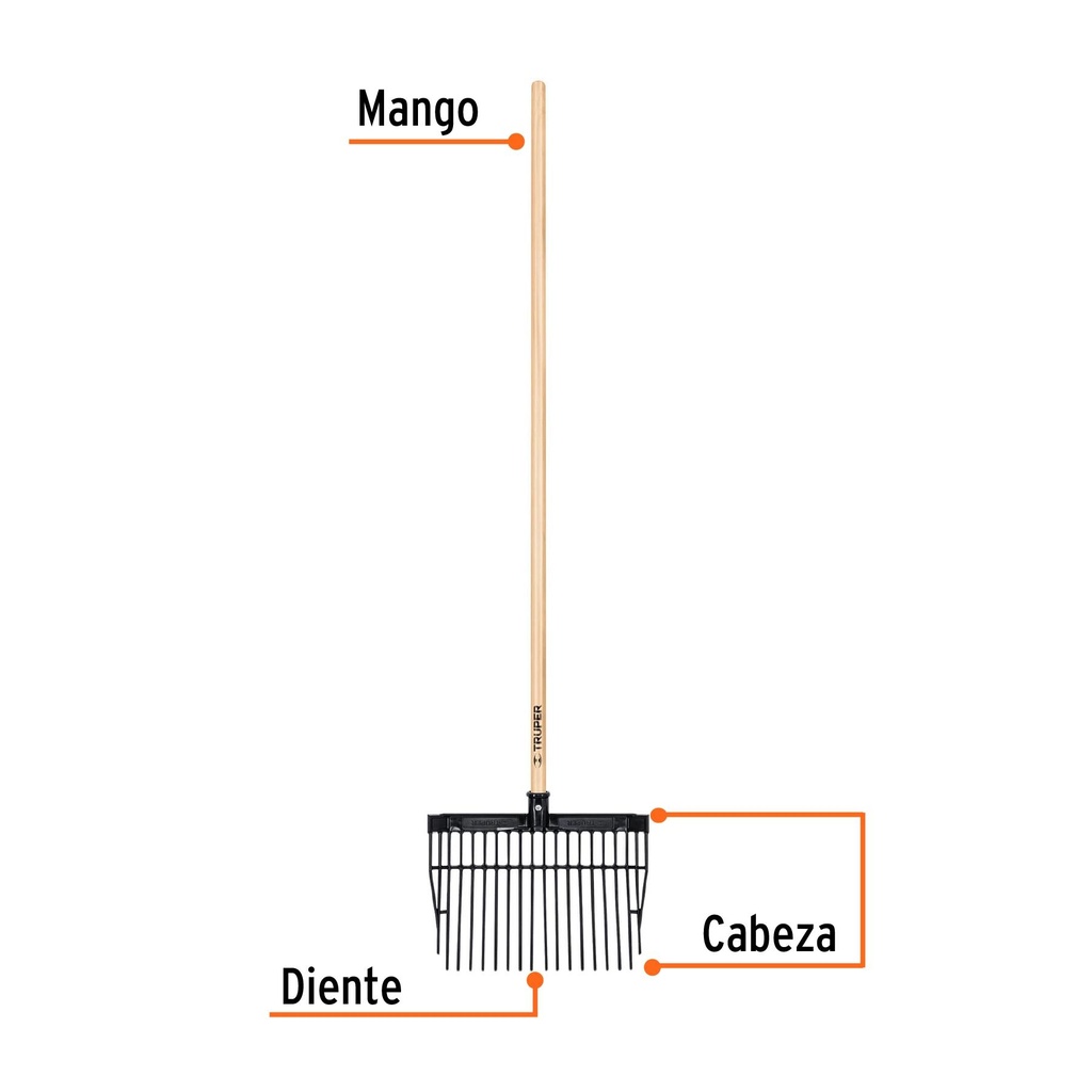 Bieldo cabeza plástica, 16 dientes, mango 54', Truper