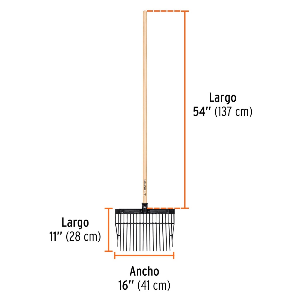 Bieldo cabeza plástica, 16 dientes, mango 54', Truper