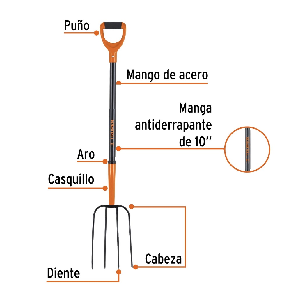 Bieldo para paja, 4 dientes, mango de acero 37', puño 'D'