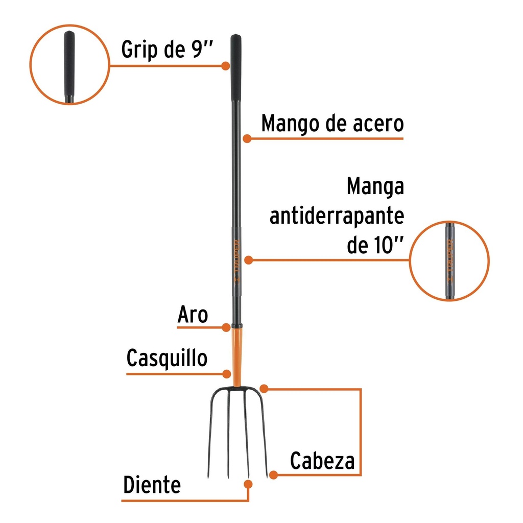 Bieldo para paja, 4 dientes, mango de acero 48', Truper