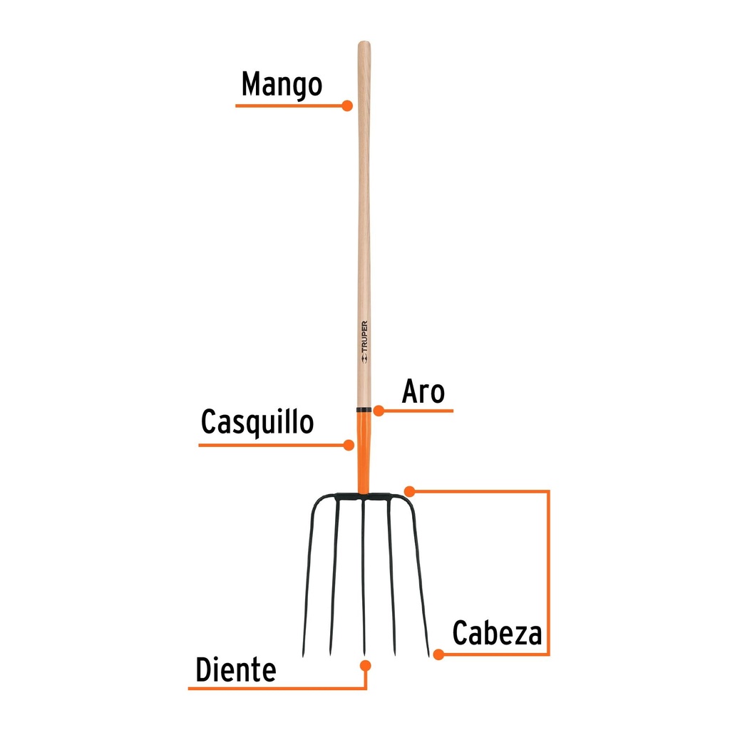 Bieldo para paja, 5 dientes cabeza grande, mango 48', Truper