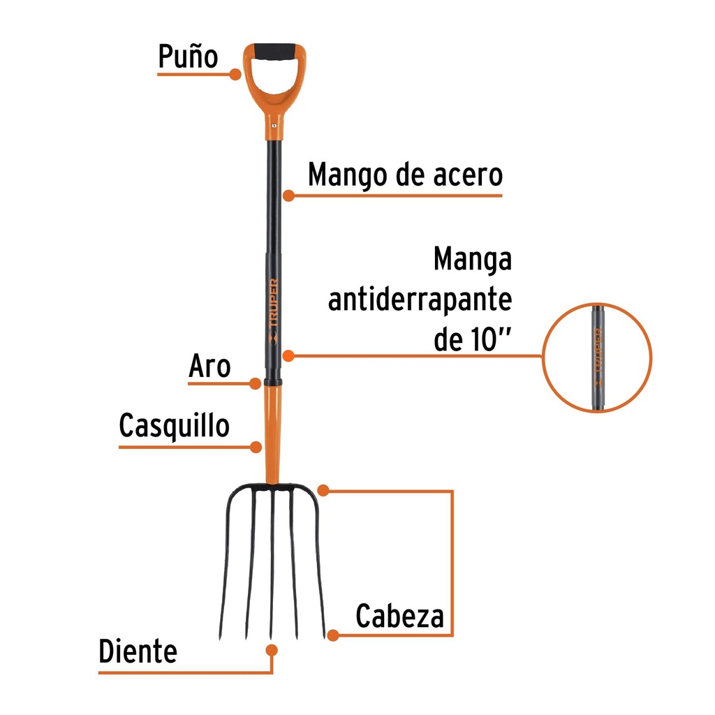 Bieldo para paja, 5 dientes, mango de acero 37', puño 'D'