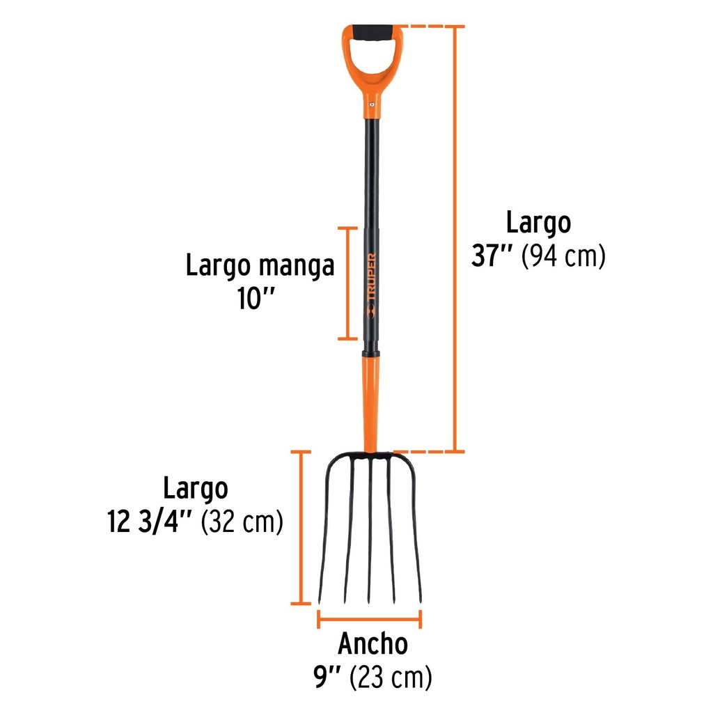 Bieldo para paja, 5 dientes, mango de acero 37', puño 'D'