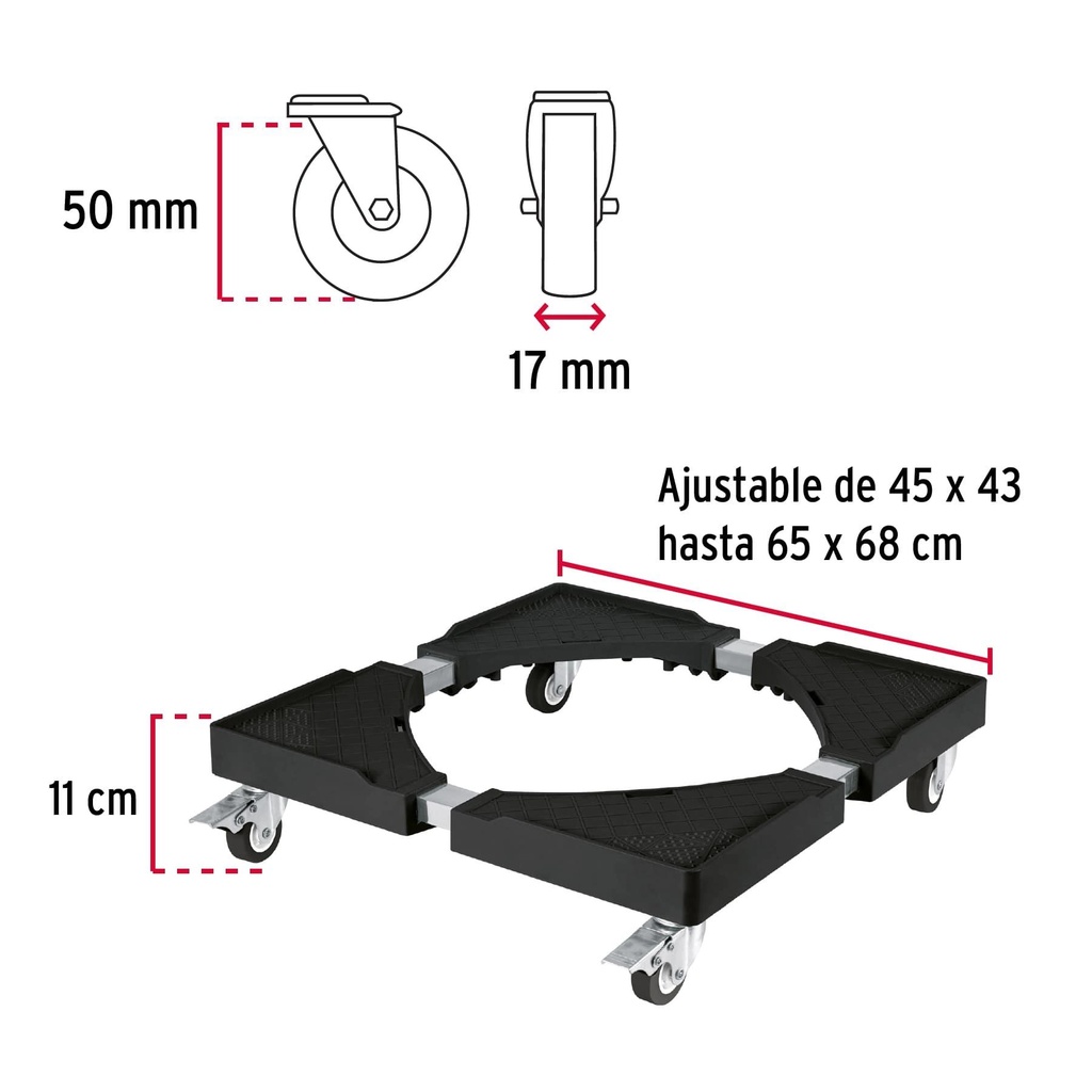 Base con ruedas ajustable para línea blanca, Fiero