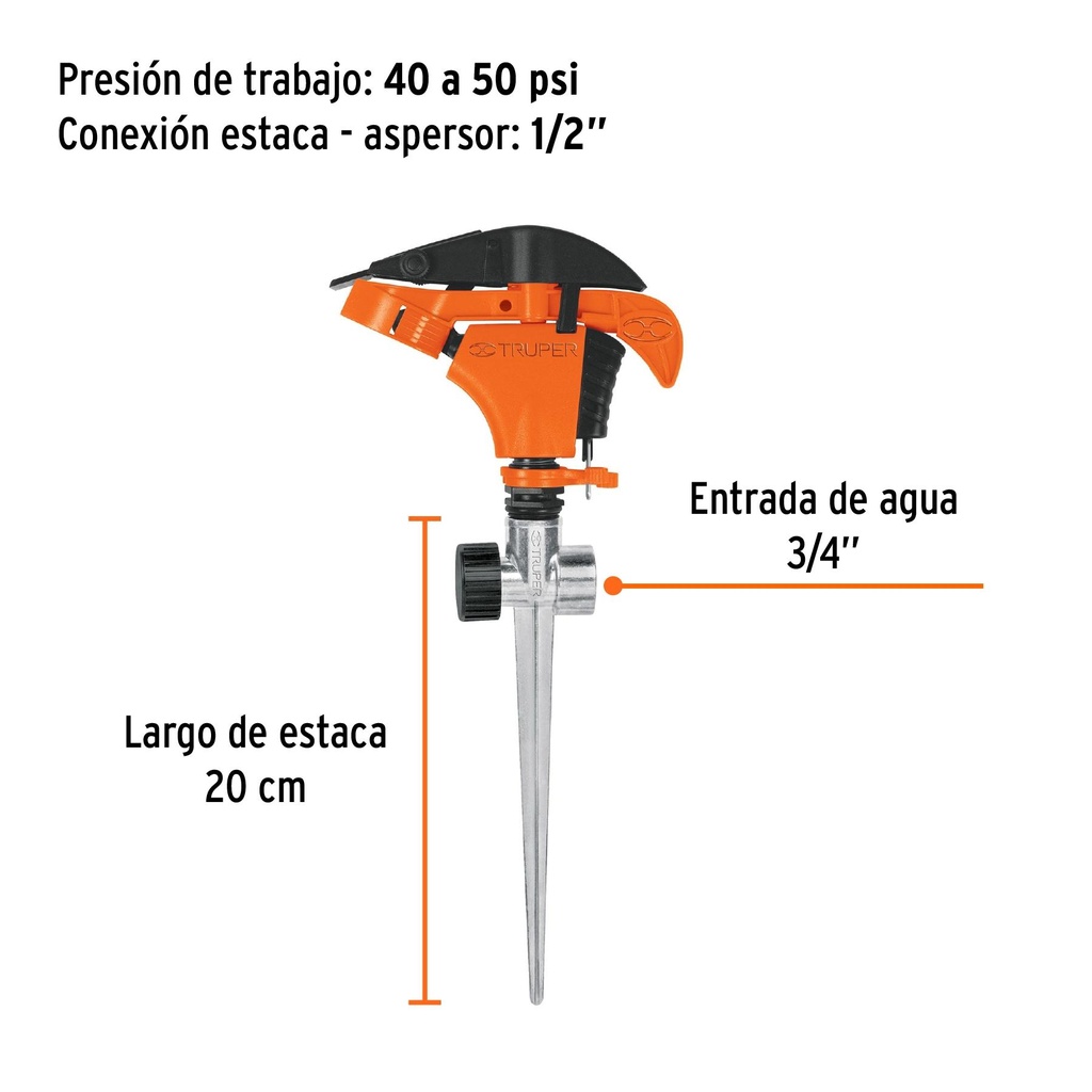 Aspersor plástico dos vías, estaca de 11', Truper