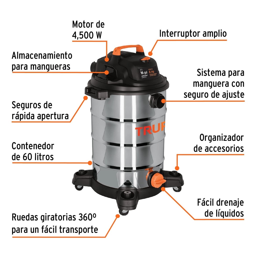 Aspiradora de 16gal en acero inox, sólidos-líquidos, Truper