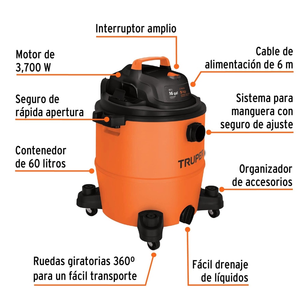 Aspiradora de sólidos y líquidos de 16 gal, plástica, Truper