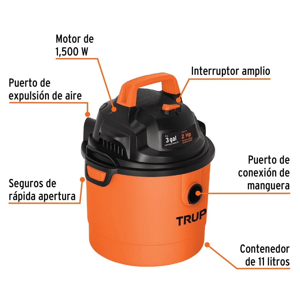 Aspiradora de sólidos y líquidos de 3 gal, plástica, Truper