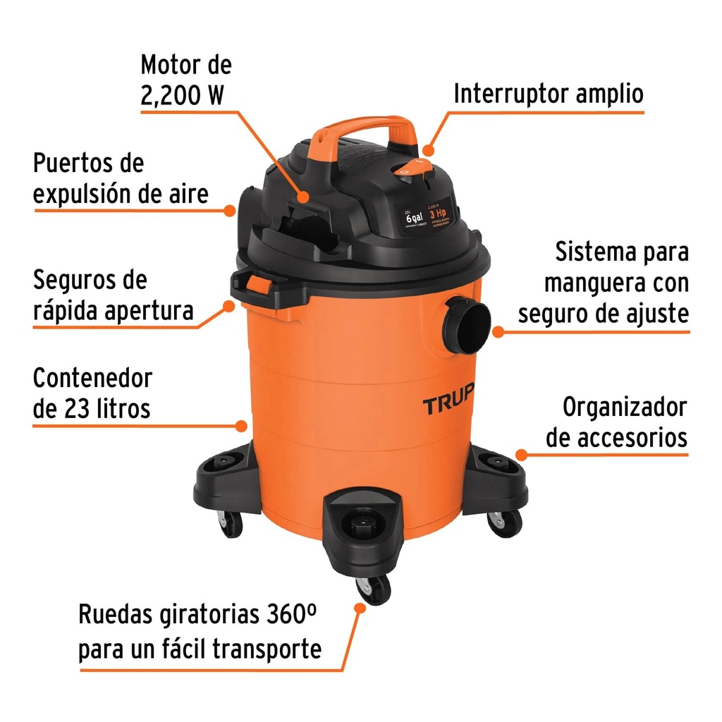 Aspiradora de sólidos y líquidos de 6 gal, plástica, Truper