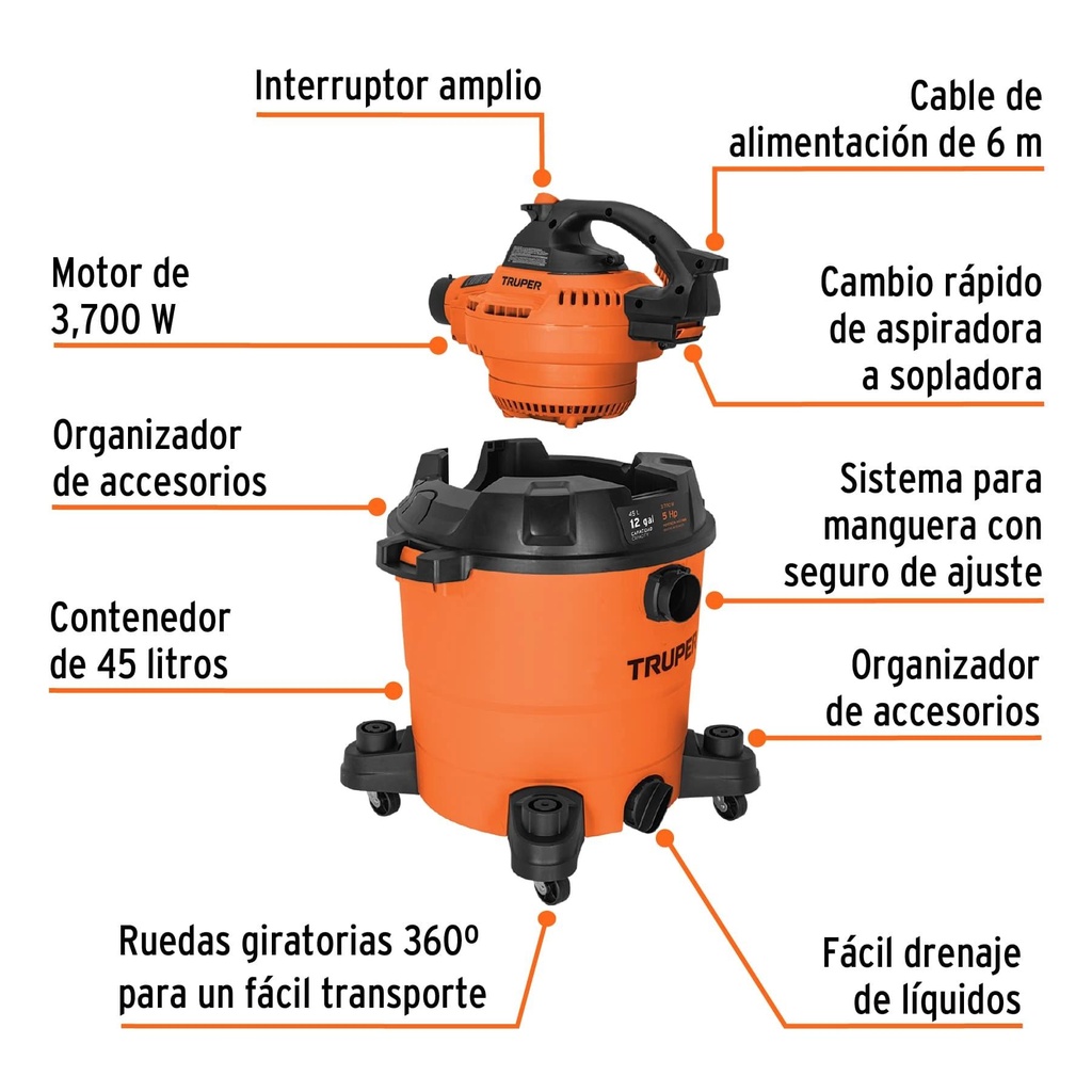 Aspiradora/sopladora de sólidos y líquidos 12 gal, plástica