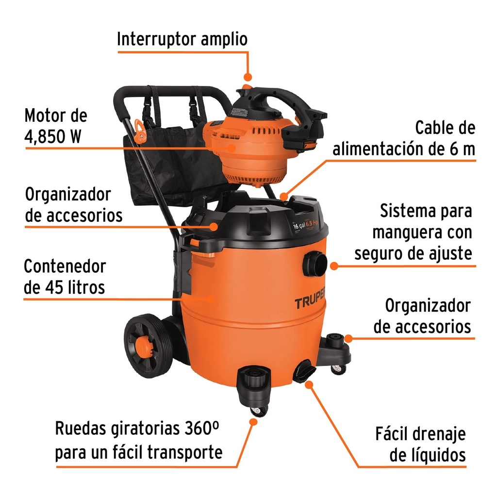 Aspiradora/sopladora plástica 16gal sólidos-líquidos, Truper