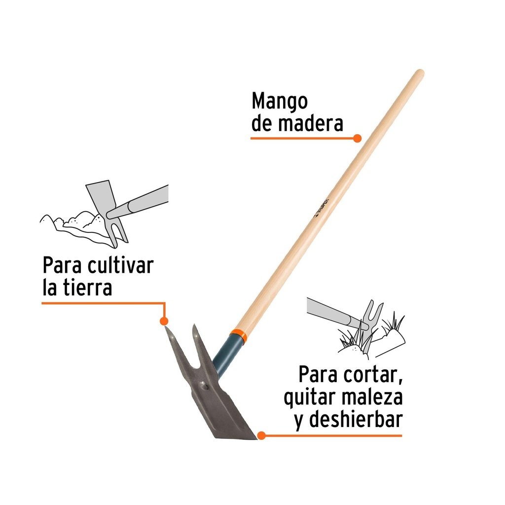 Azadón dos cuernos con mango de madera 54', Truper