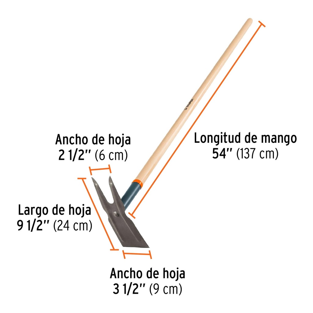 Azadón dos cuernos con mango de madera 54', Truper