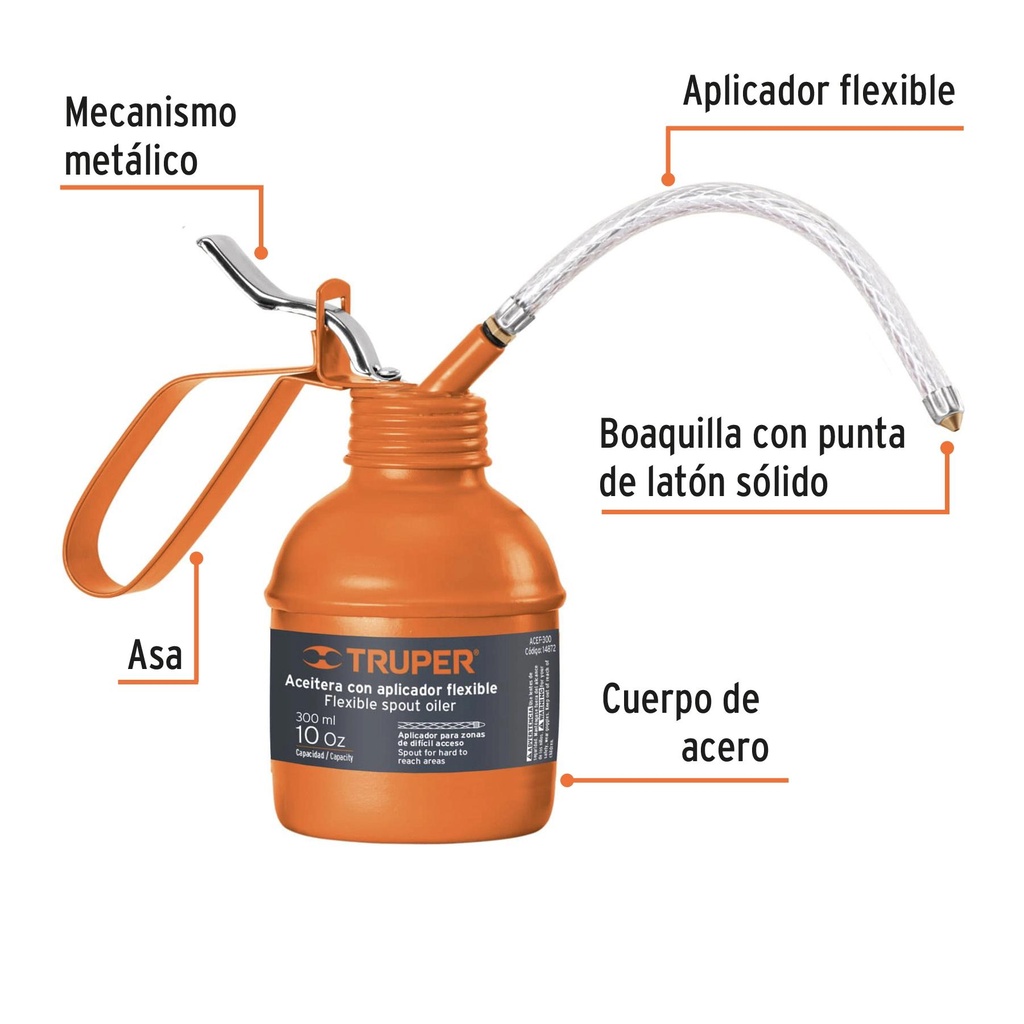 Aceitera de 300 ml (10 oz) con aplicador flexible, Truper