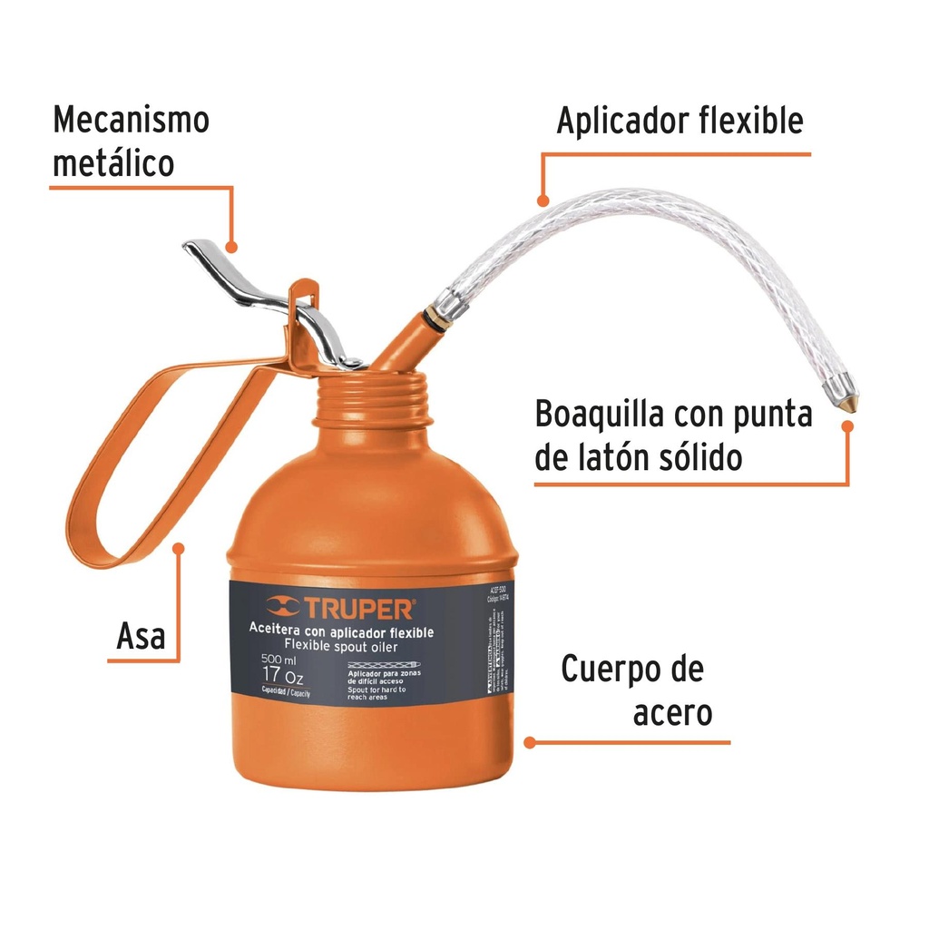 Aceitera de 500 ml (17 oz) con aplicador flexible, Truper