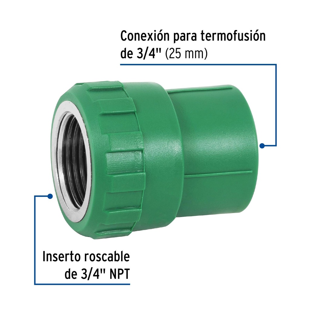 Adaptador PPR 3/4' hembra con inserto metálico, Foset