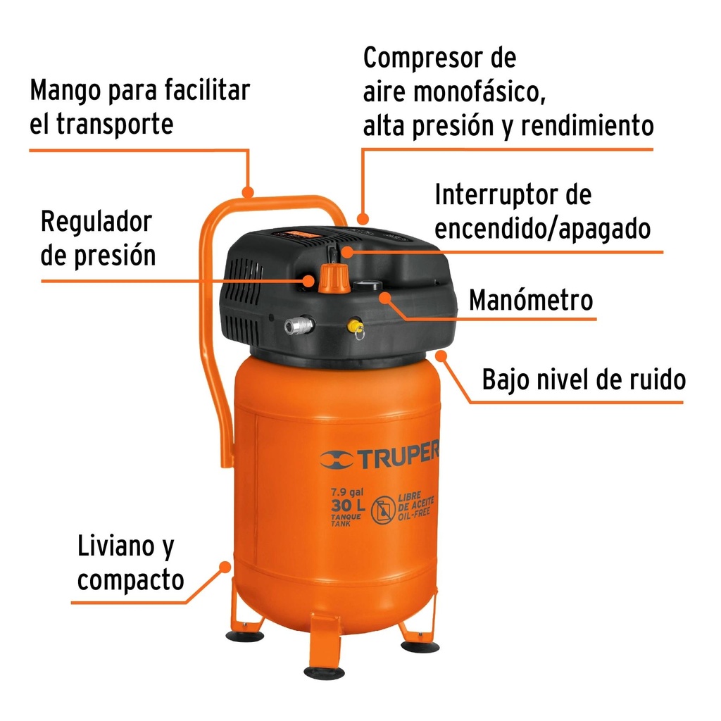 Compresor de aire libre de aceite, 30 L, 3 HP (potencia máx)