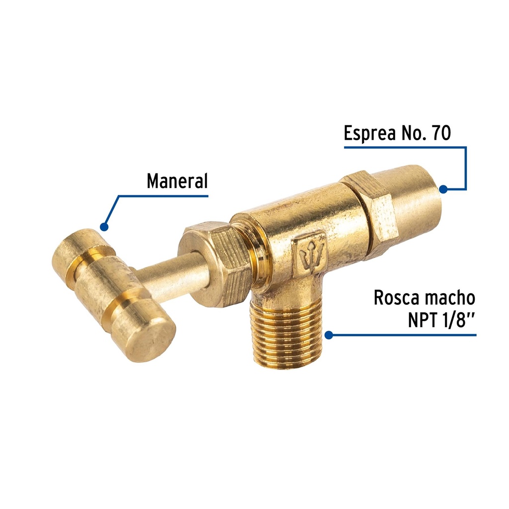 Válvula horizontal de latón 1/8' para gas LP, con maneral