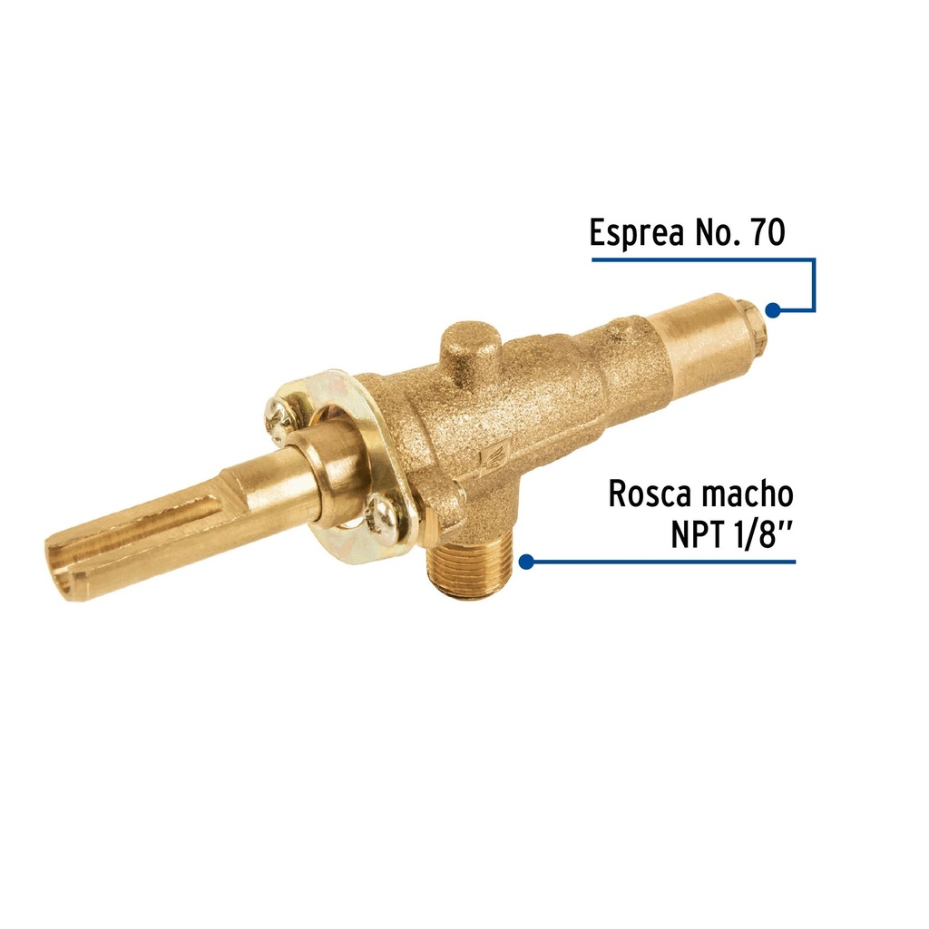 Válvula horizontal de latón 1/8' para gas LP, sin maneral