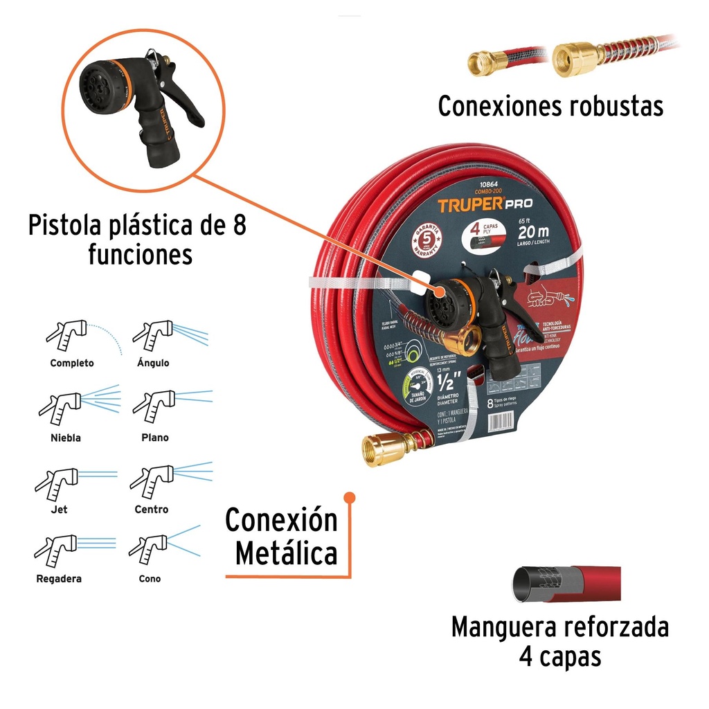 Combo manguera MAN-20X1/2X y pistola de riego PR-208, Truper