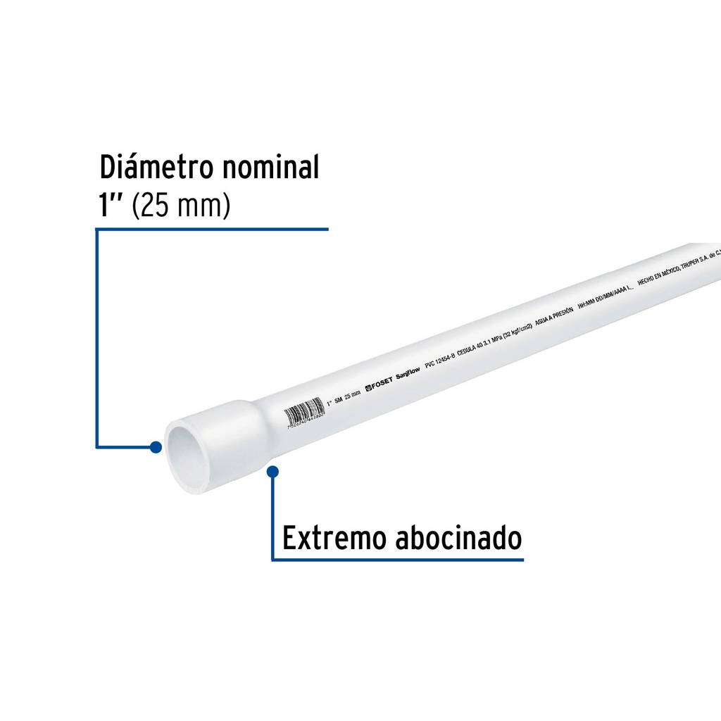 Tubo de 1' de PVC hidráulico cédula 40, de 3 m, Foset