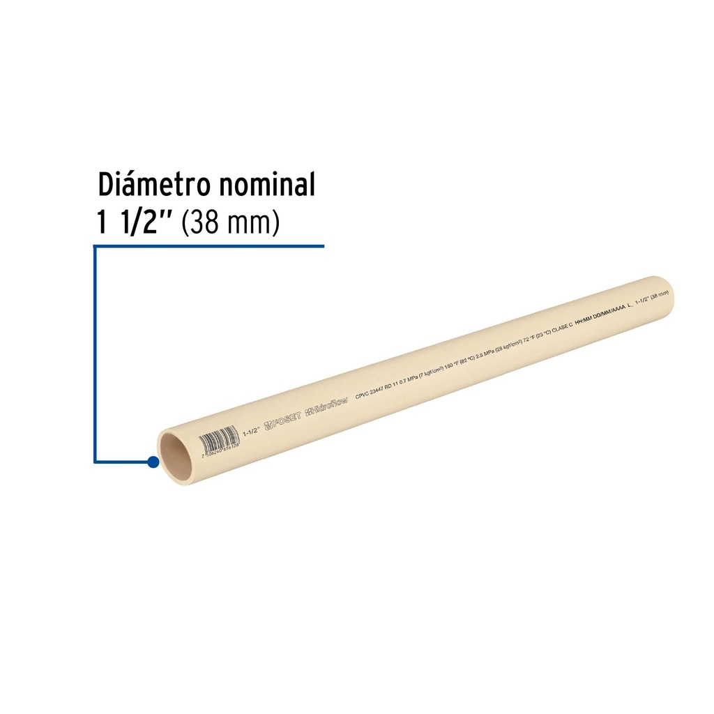 Tubo de 1-1/2' de CPVC hidráulico RD 11 de 3 m, Foset