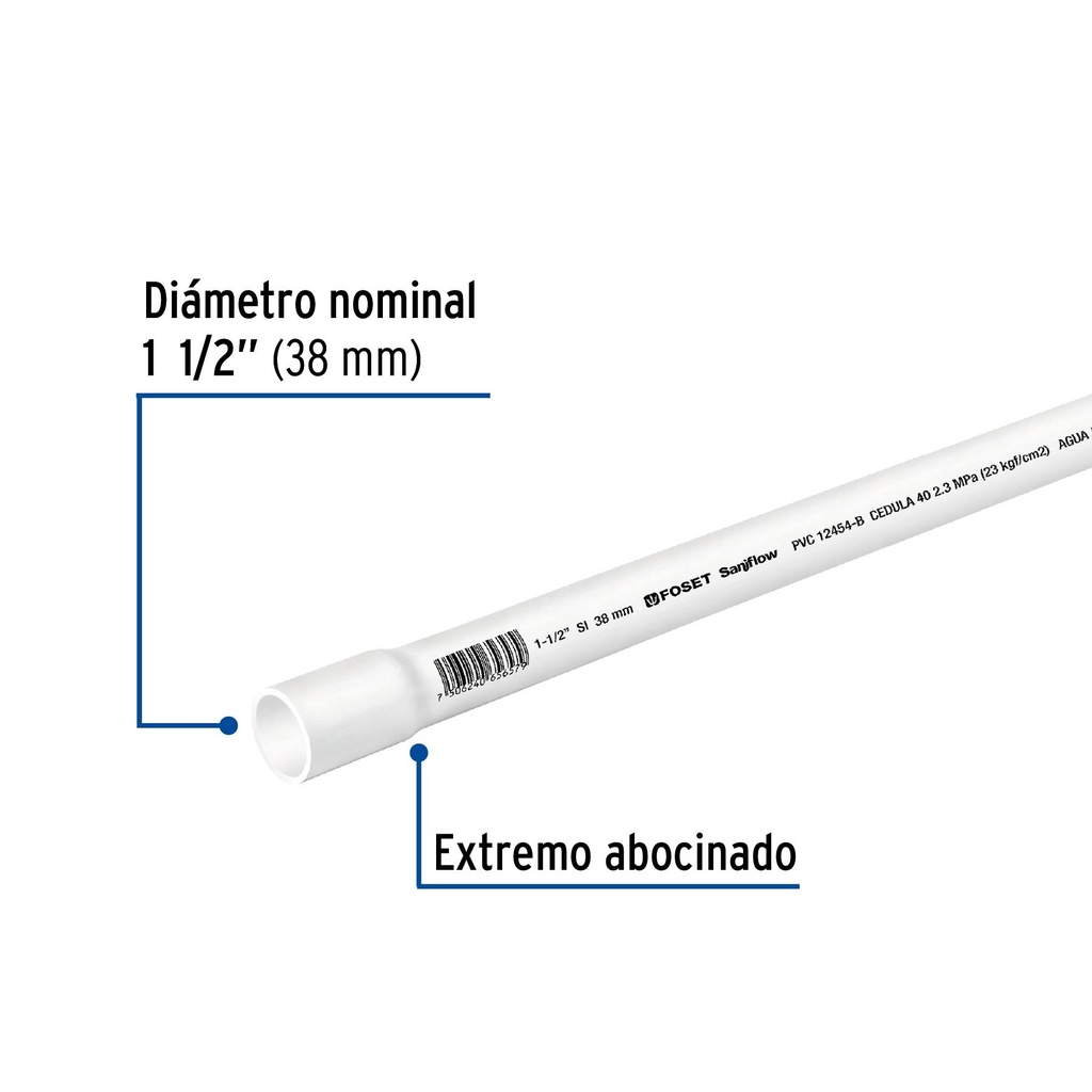 Tubo de 1-1/2' de PVC hidráulico cédula 40, de 3 m, Foset