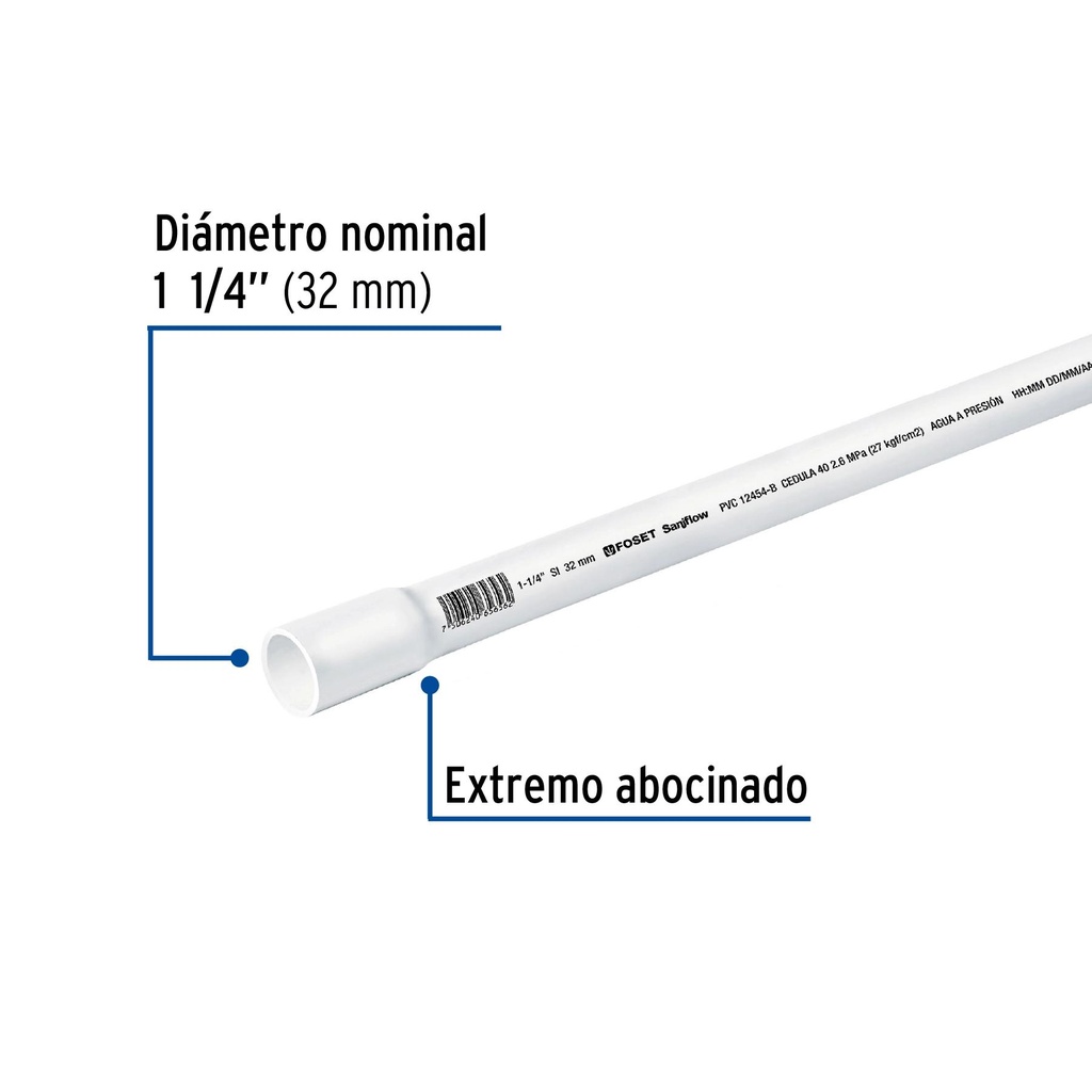 Tubo de 1-1/4' de PVC hidráulico cédula 40, de 3 m, Foset