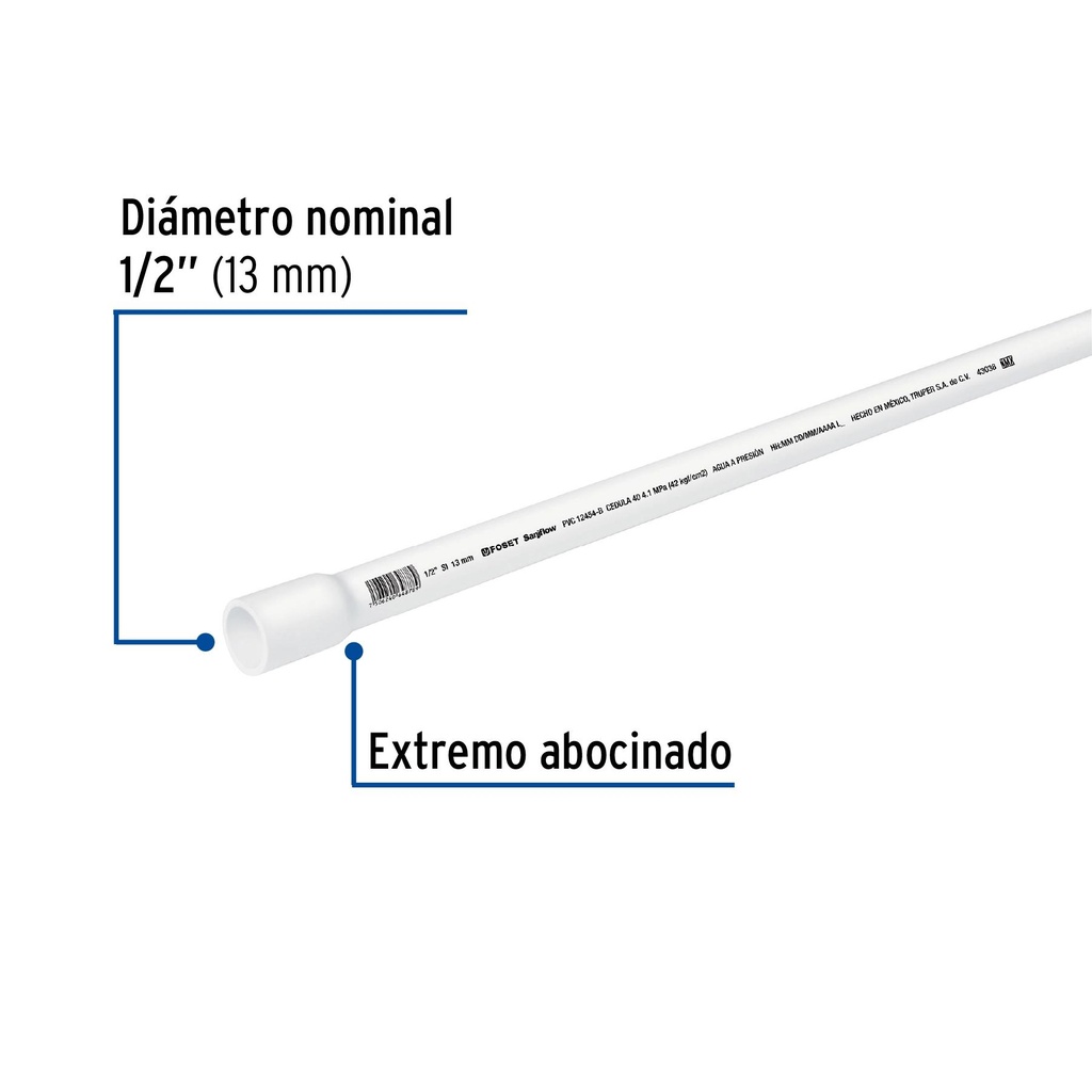 Tubo de 1/2' de PVC hidráulico cédula 40, de 3 m, Foset