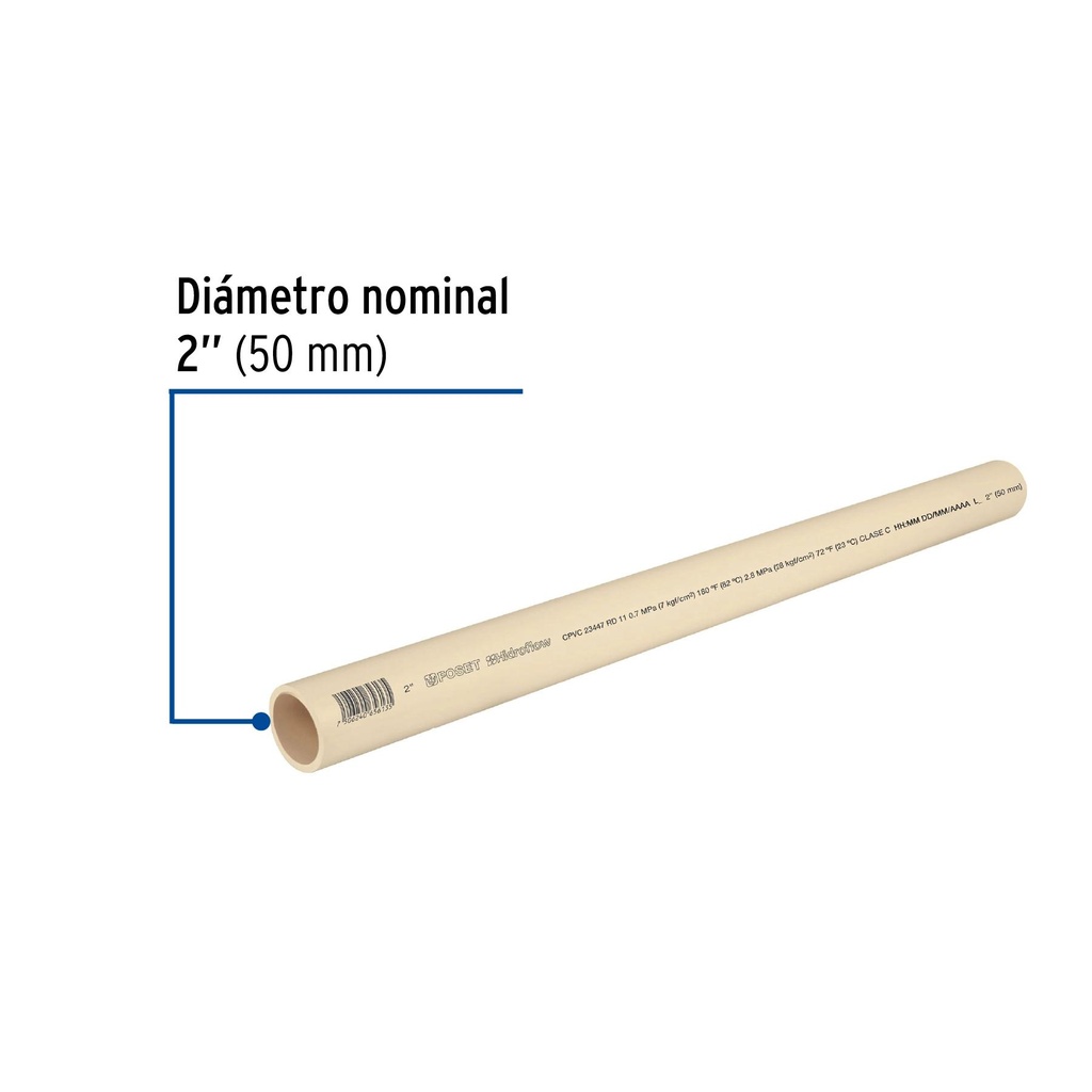 Tubo de 2' de CPVC hidráulico RD 11 de 3 m, Foset