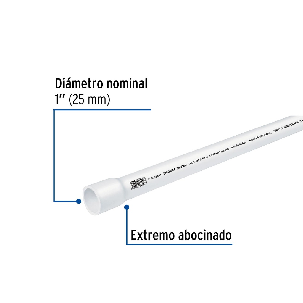 Tubo de 3 m de PVC de 1' hidráulico RD 26, Foset