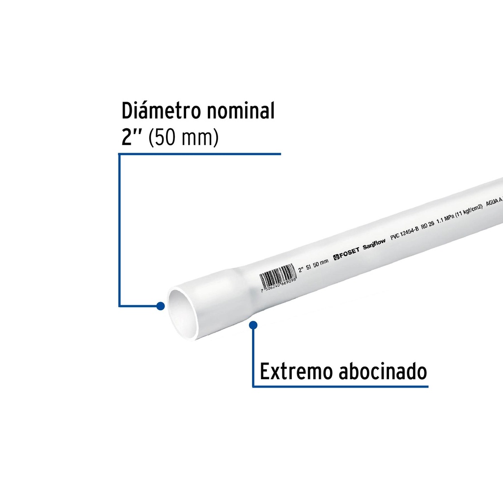 Tubo de 3 m de PVC de 2' hidráulico RD 26, Foset