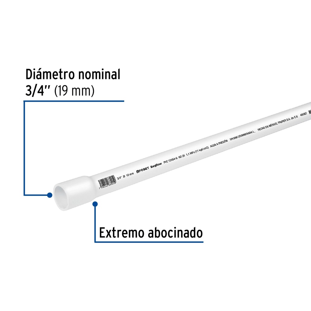 Tubo de 3 m de PVC de 3/4' hidráulico RD 26, Foset