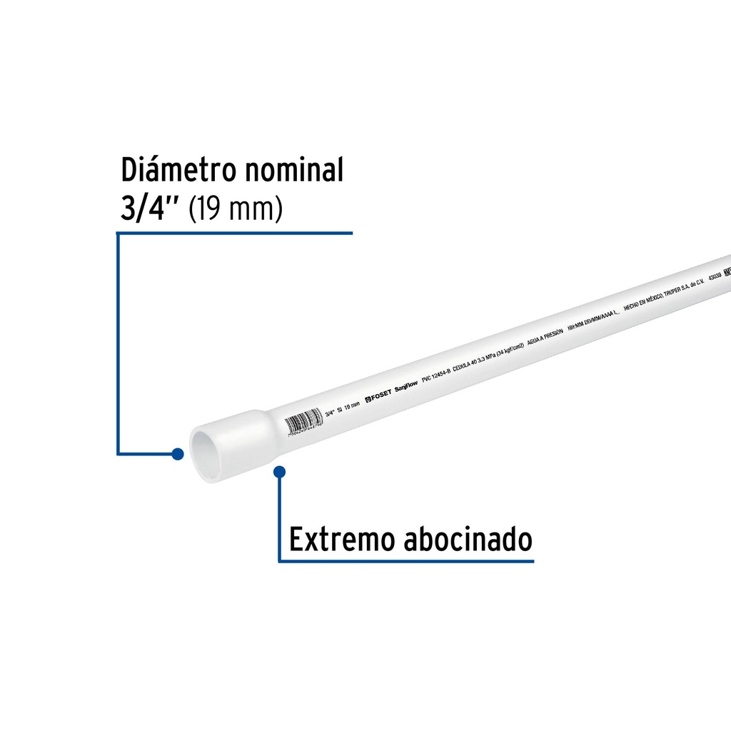 Tubo de 3/4' de PVC hidráulico cédula 40, de 3 m, Foset