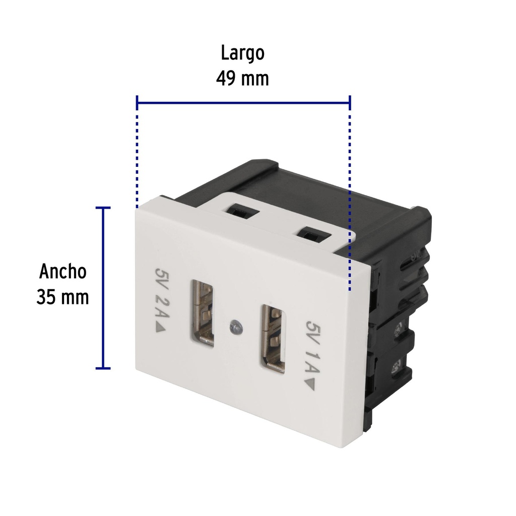 Toma con 2 puertos USB, 1.5 módulos, línea Española, blanco