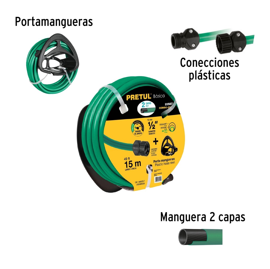 Combo manguera MAN-15X1/2P y portamanguera negro, Pretul