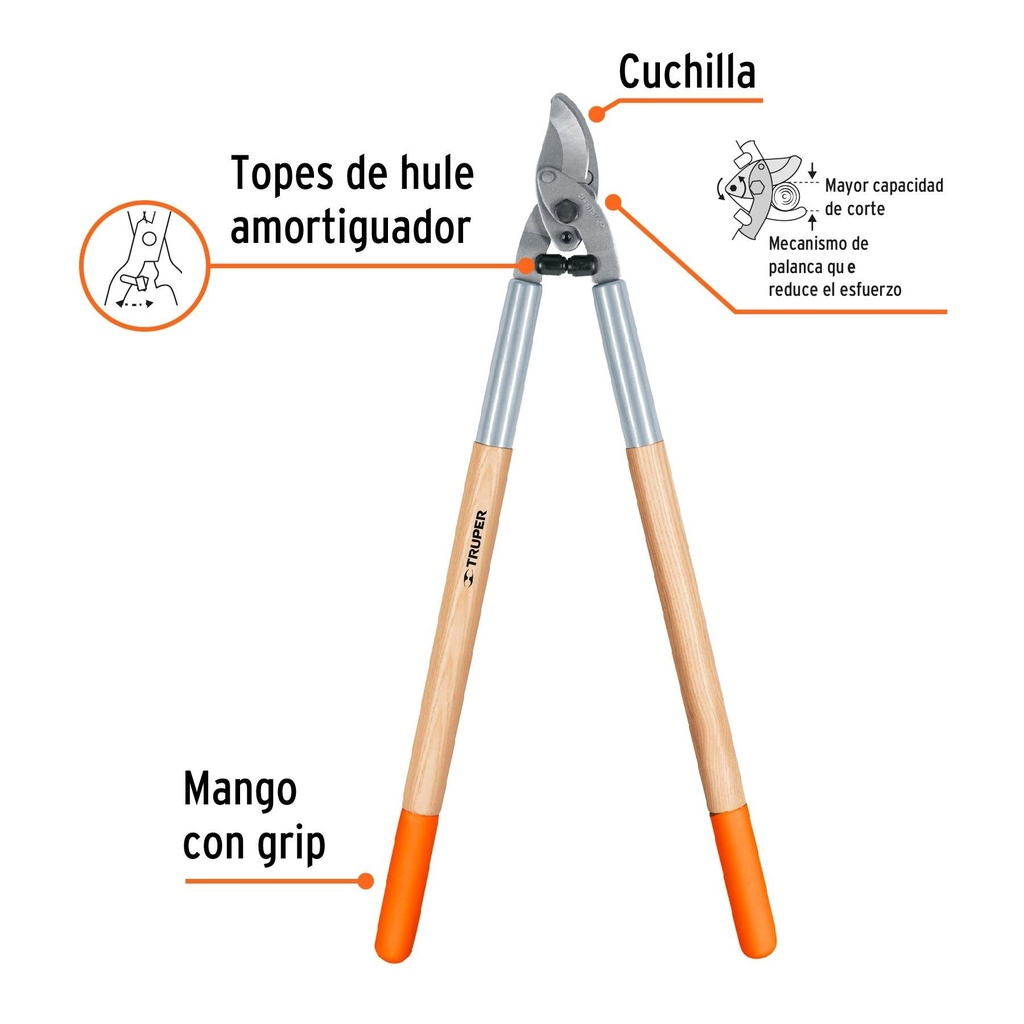 Tijera para ramas 70 cm mangos de madera con grip, Truper