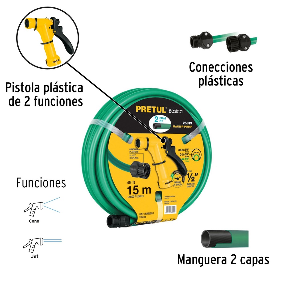 Combo manguera MAN-15X1/2P y pistola de riego PIM-4P, Pretul