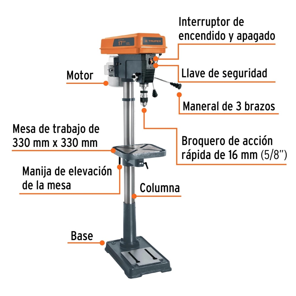 Taladro de piso 17', broquero 5/8', 1200W (1-1/2HP), Truper