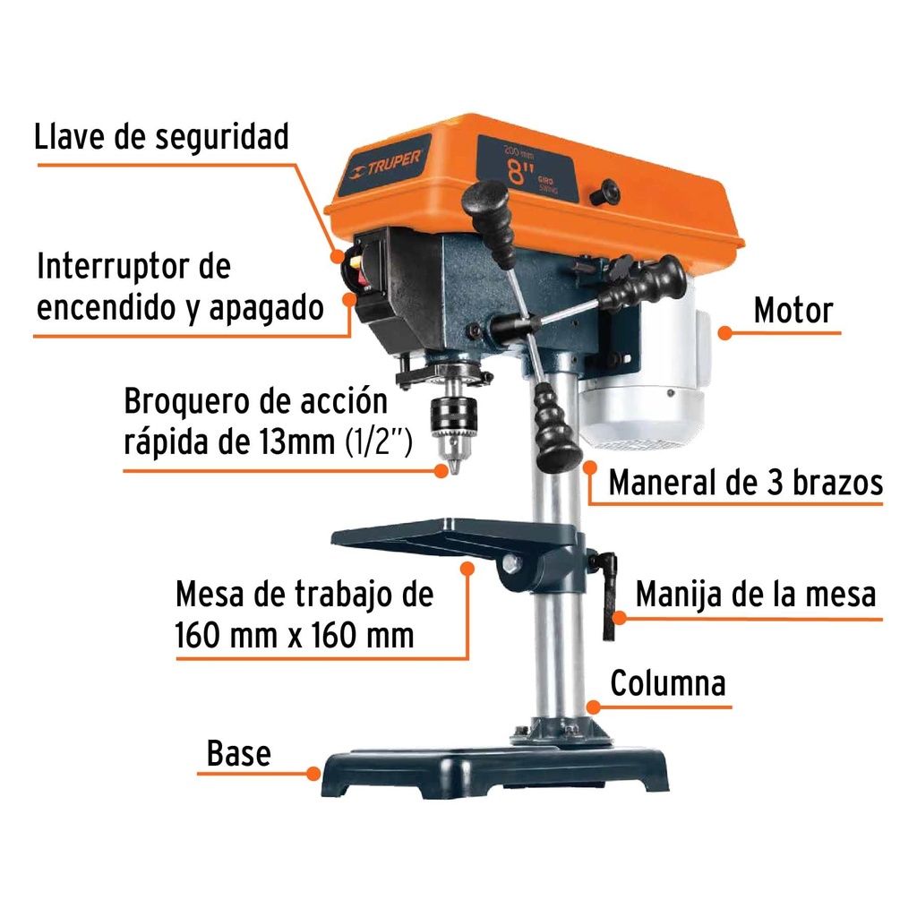 Taladro de piso 8' de 250 W (1/3 HP), broquero de 1/2'