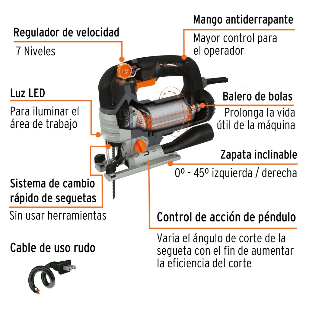 Sierra caladora 750 W 5.9 A velocidad variable, industrial