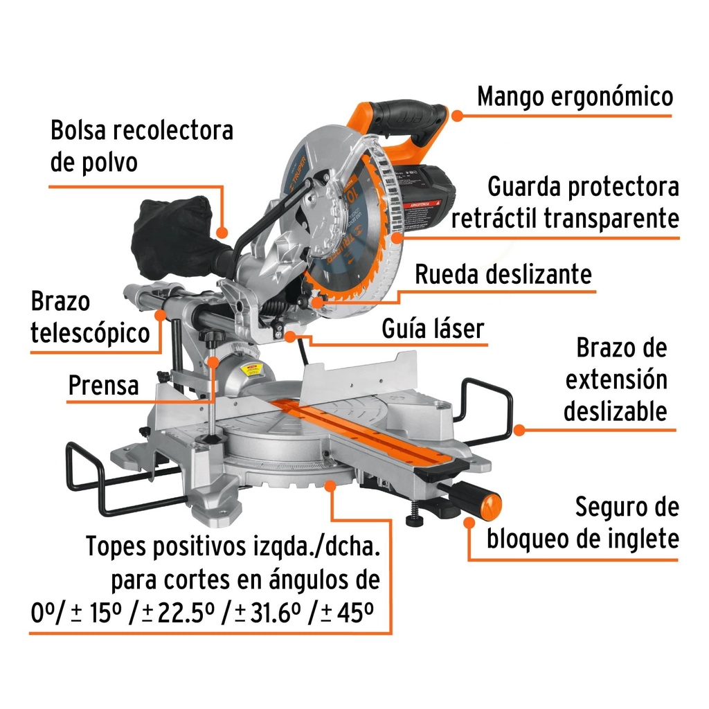 Sierra de inglete 10' de 1900 W telescópica compuesta