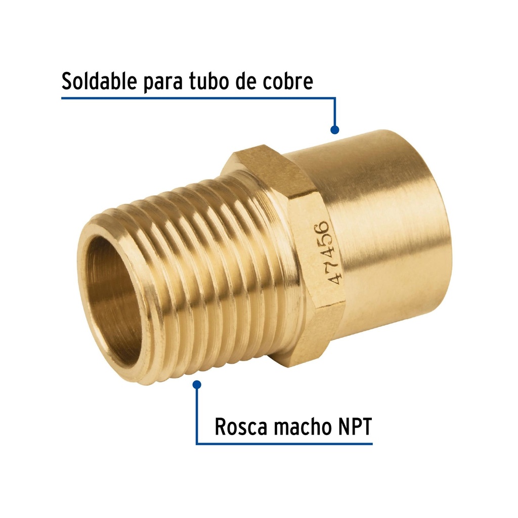 Conector NPT soldable de latón, 1/2' X 3/8', Foset