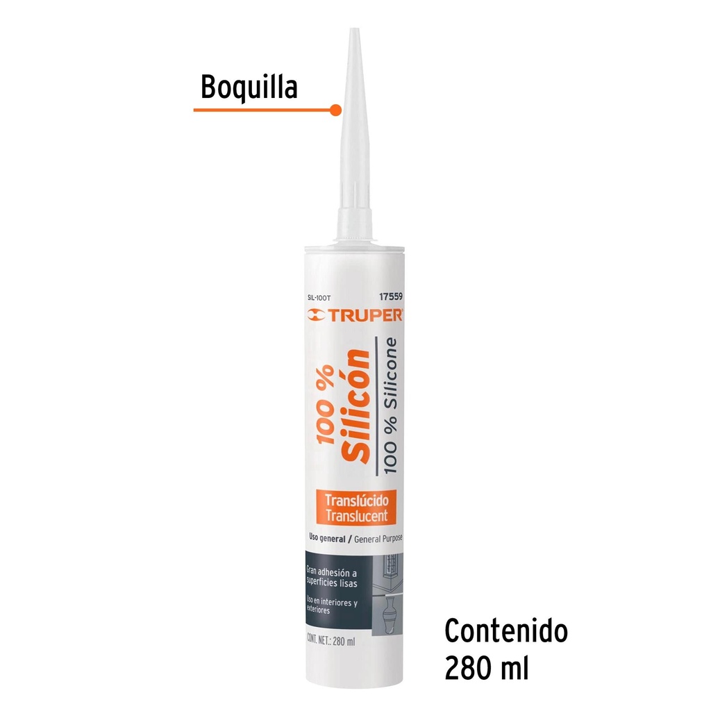 Sellador transparente 100% silicón de 280 ml, Truper